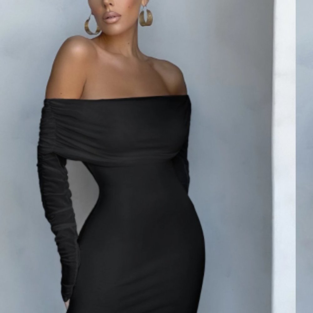 Black Ruched Mesh Bardot Mini Dress